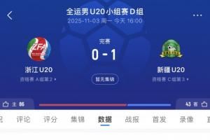 王鈺棟首發(fā)第67分鐘被換下！浙江U20隊(duì)0-1不敵新疆，末輪對(duì)陣山東